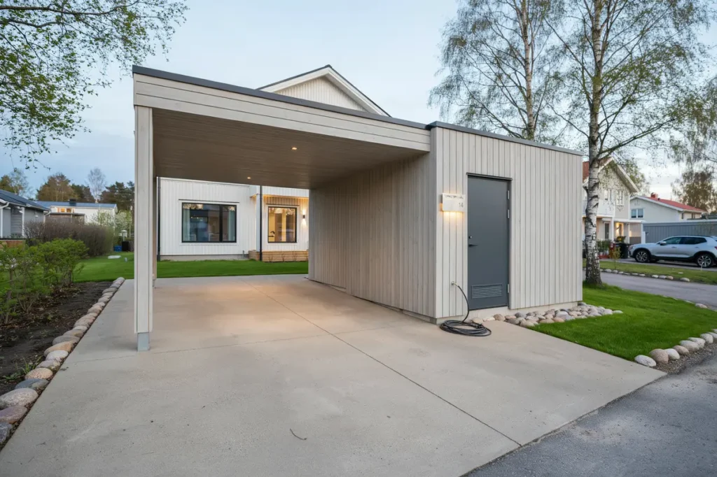 nybyggd carport med f rr d vid villa i torkelstorp